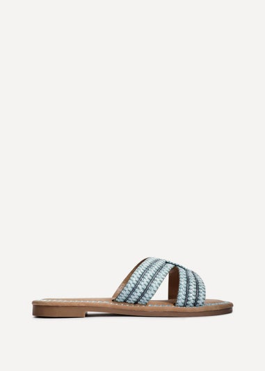 Linzi Solar Blue Raffia Link Design Flat Slider Sandal