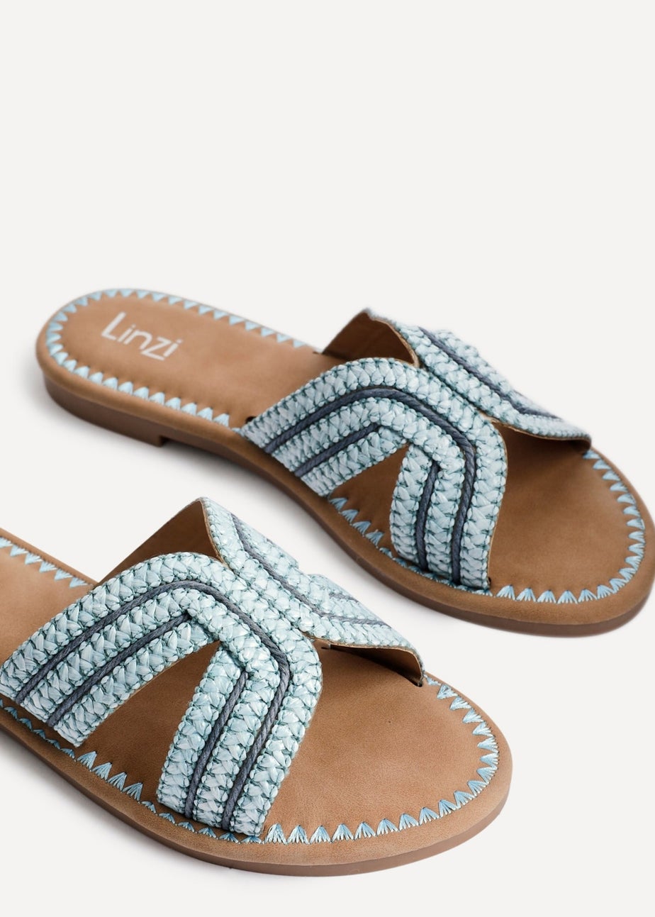 Linzi Solar Blue Raffia Link Design Flat Slider Sandal