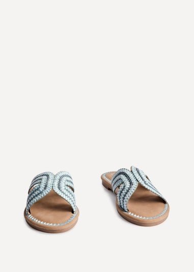 Linzi Solar Blue Raffia Link Design Flat Slider Sandal