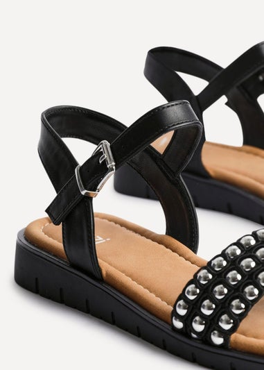 Linzi Electra Black Faux Leather Studded Flat Sandals