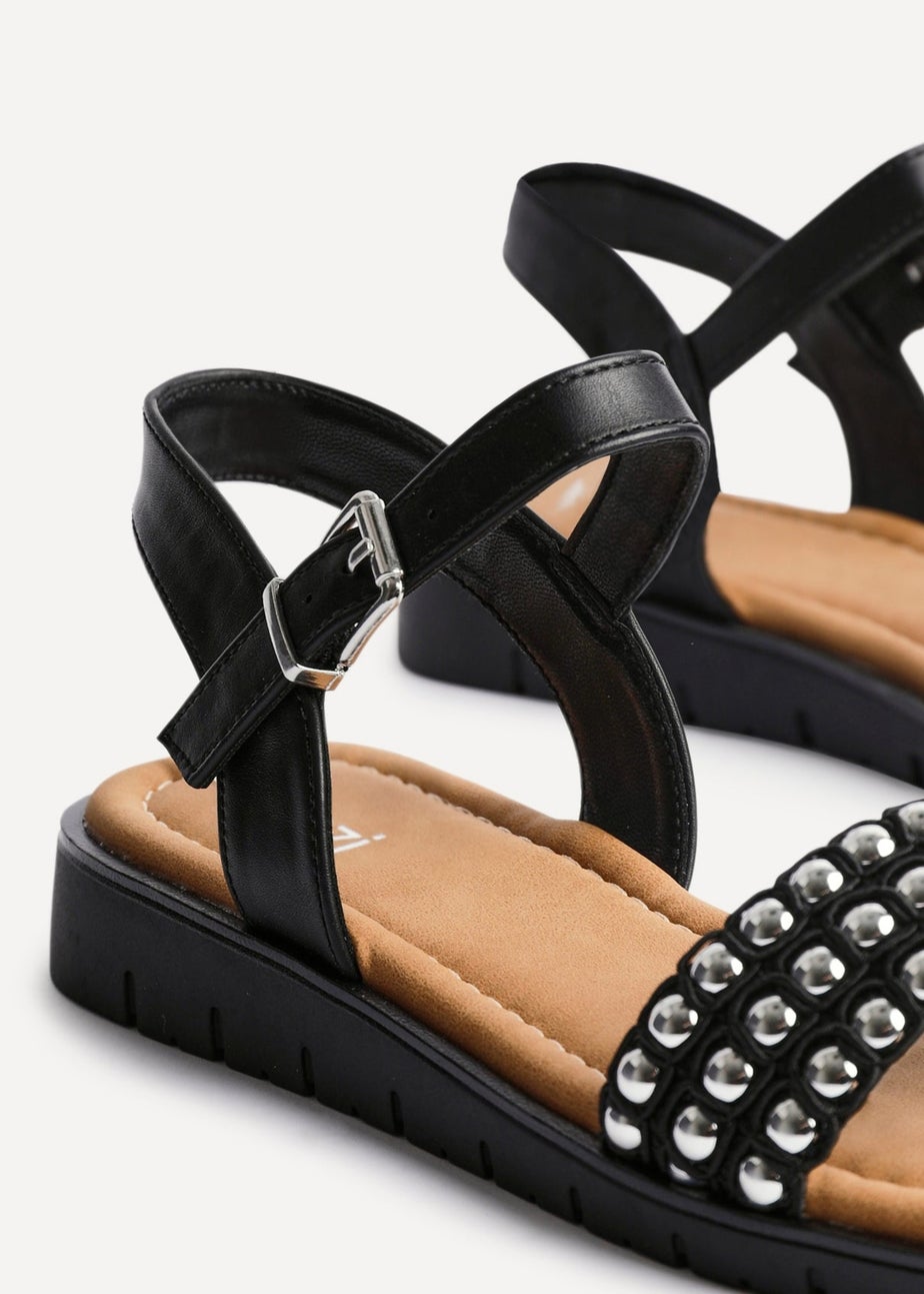 Linzi Electra Black Faux Leather Studded Flat Sandals