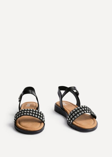 Linzi Electra Black Faux Leather Studded Flat Sandals