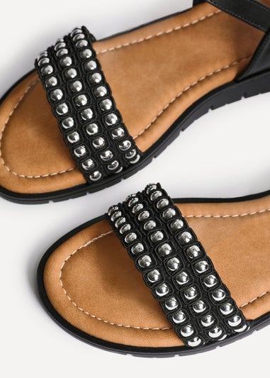 Linzi Electra Black Faux Leather Studded Flat Sandals
