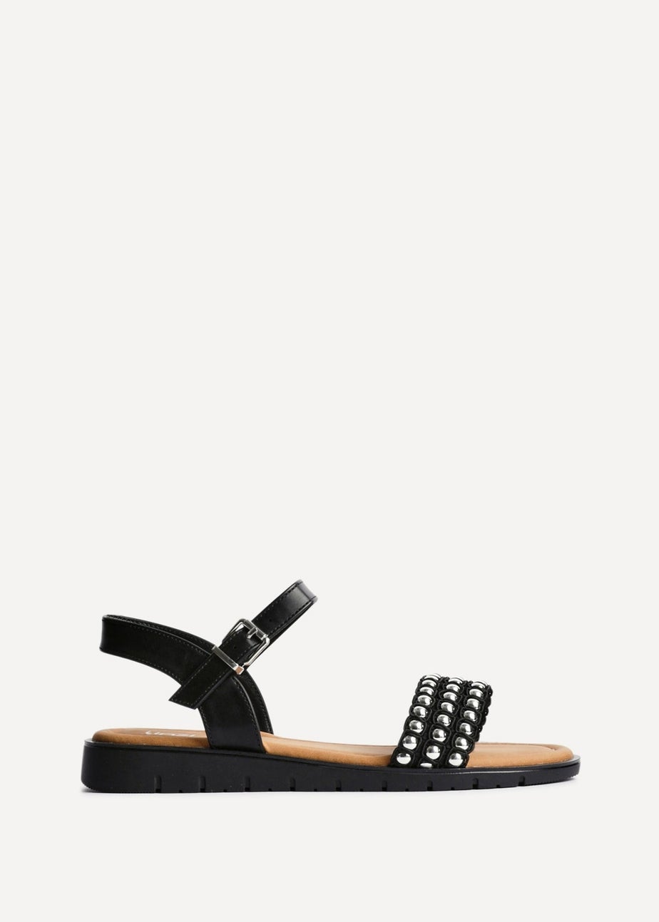 Linzi Electra Black Faux Leather Studded Flat Sandals