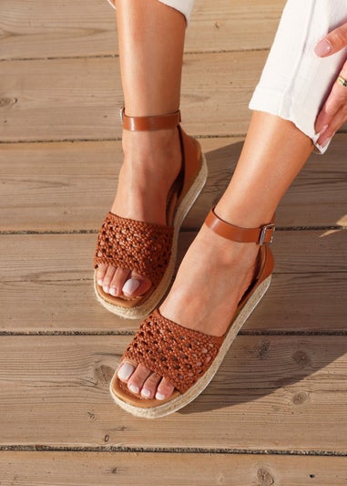 Linzi Sundown Tan Faux Leather Handwoven Espadrille Flatform Sandal