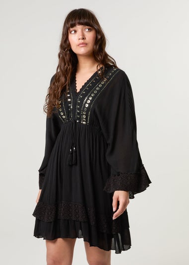 Blue Vanilla Black Embellished Kimono Sleeve Mini Dress
