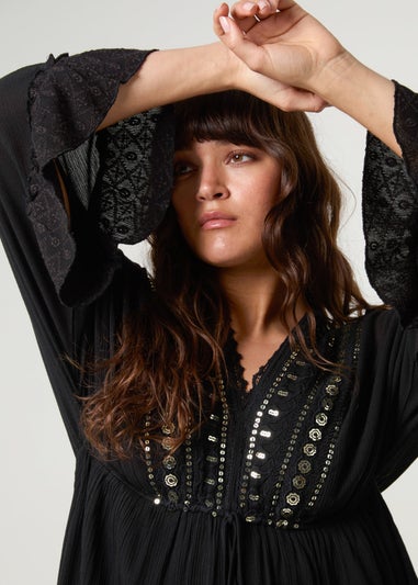 Blue Vanilla Black Embellished Kimono Sleeve Mini Dress