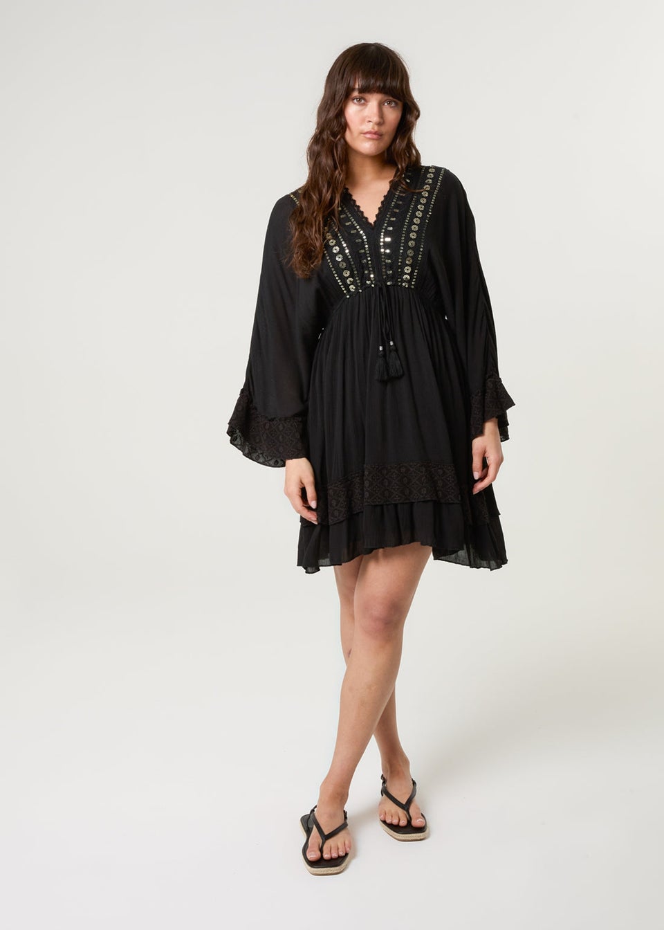Blue Vanilla Black Embellished Kimono Sleeve Mini Dress