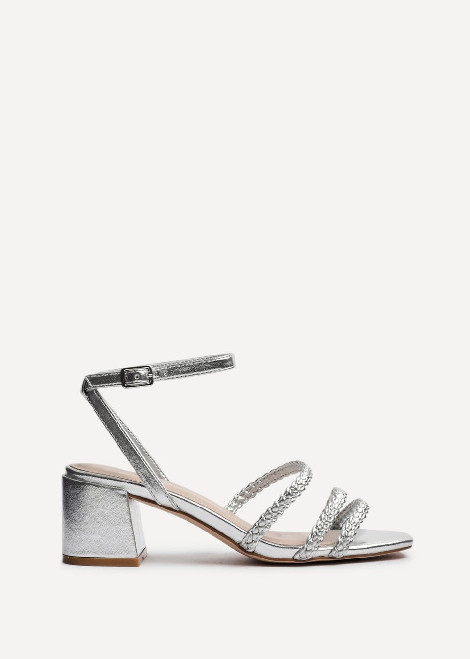 Linzi Hariette Silver Faux Leather Plaited Block Heeled Sandals