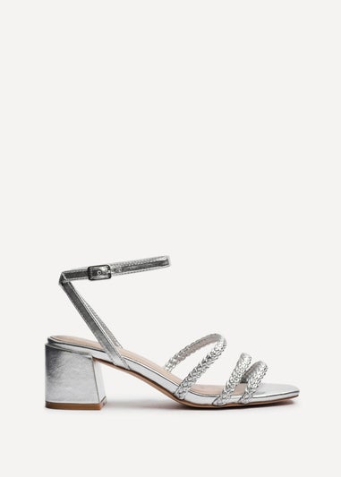 Linzi Hariette Silver Faux Leather Plaited Block Heeled Sandals