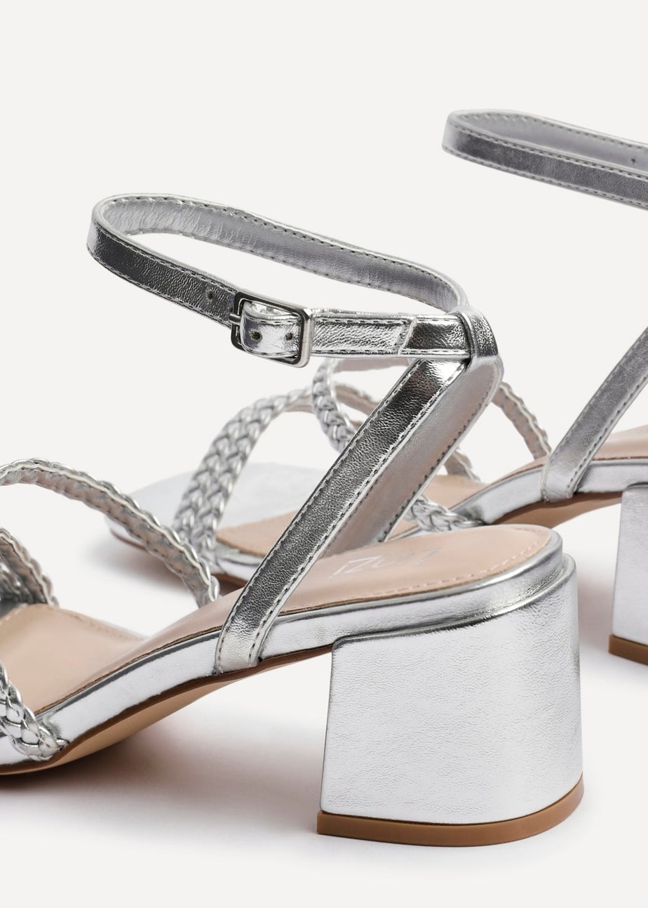 Linzi Hariette Silver Faux Leather Plaited Block Heeled Sandals