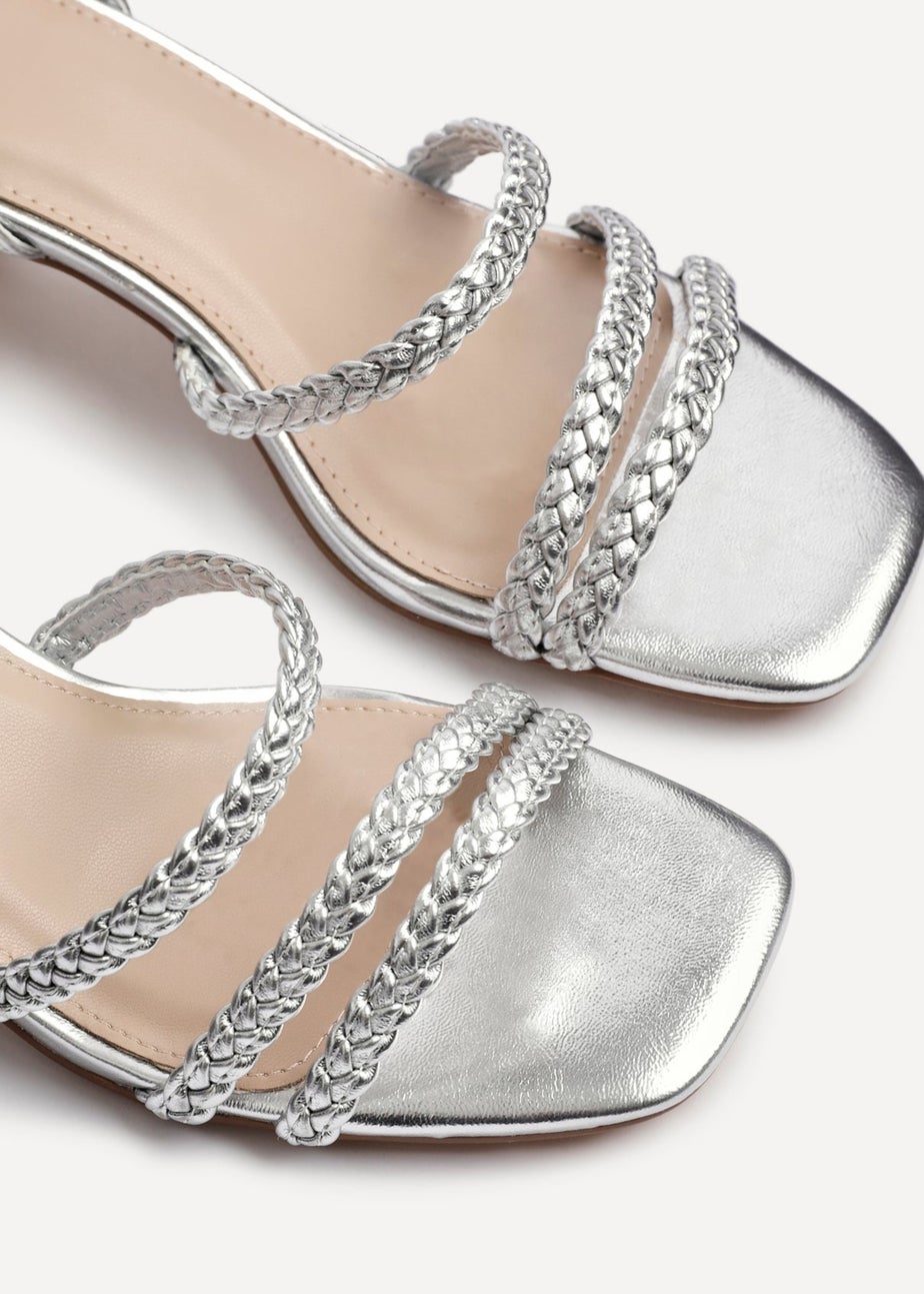 Linzi Hariette Silver Faux Leather Plaited Block Heeled Sandals