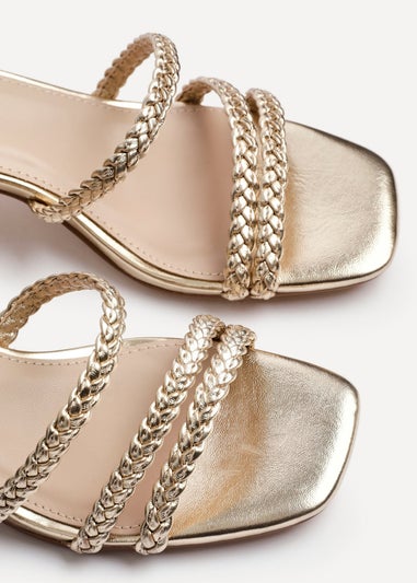 Linzi Hariette Gold Faux Leather Plaited Block Heeled Sandals