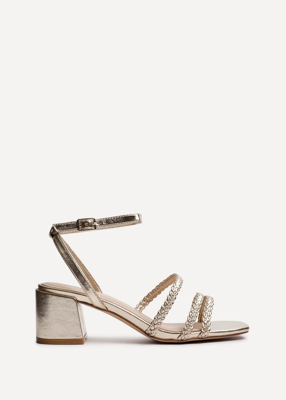 Linzi Hariette Gold Faux Leather Plaited Block Heeled Sandals