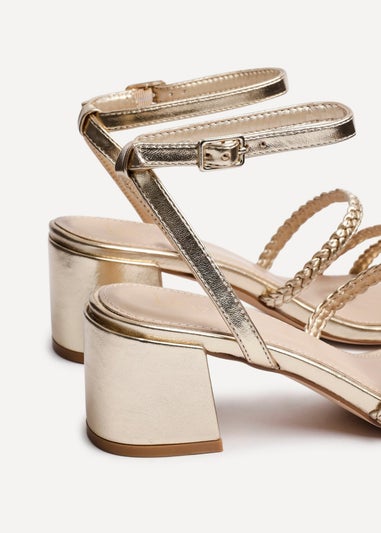 Linzi Hariette Gold Faux Leather Plaited Block Heeled Sandals