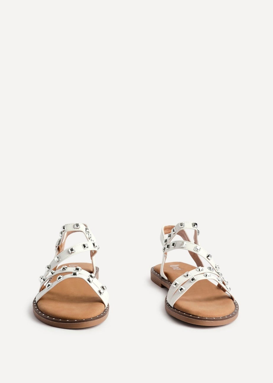 Linzi Destino White Faux Leather Studded Gladiator Style Flat Sandal