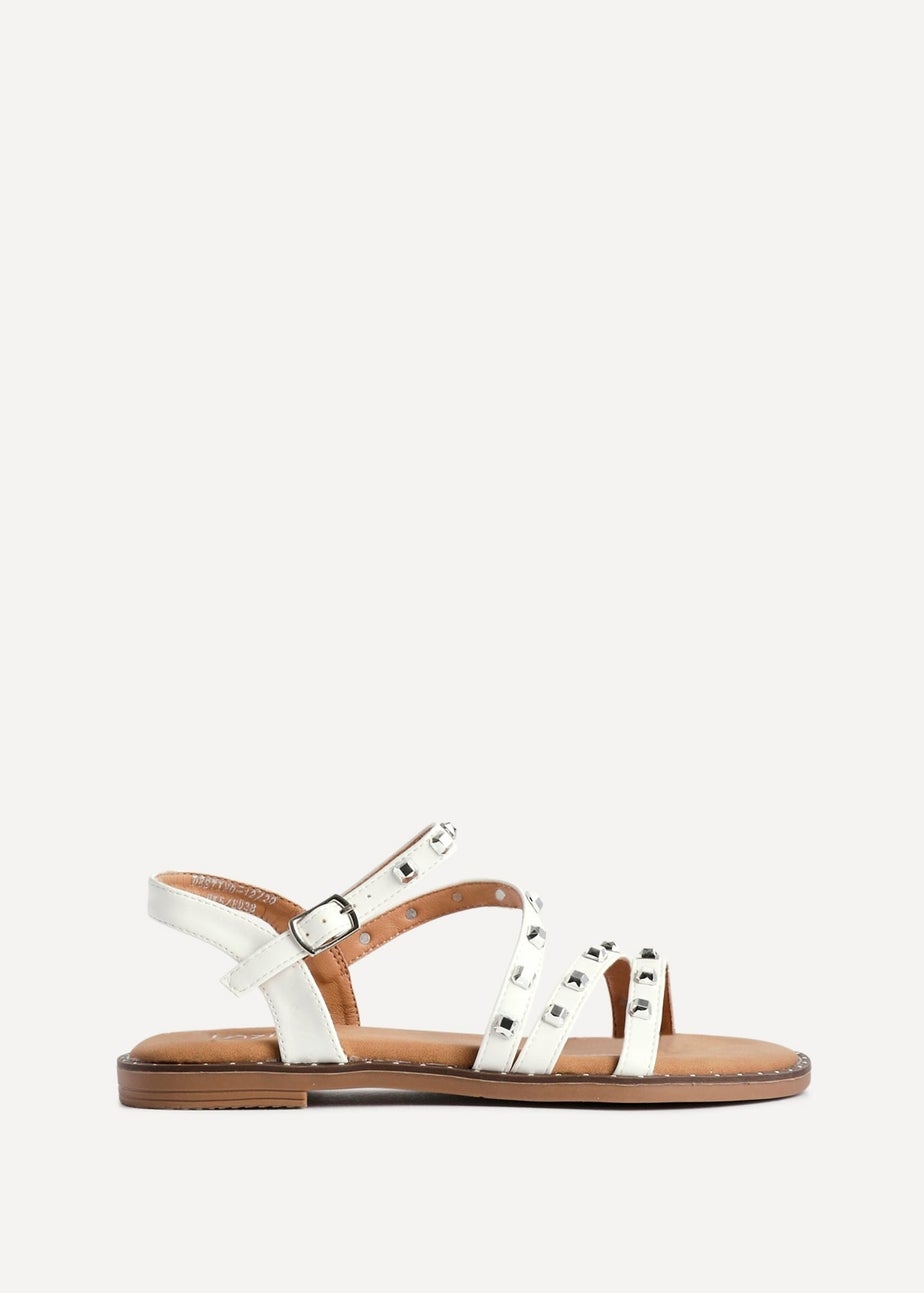 Linzi Destino White Faux Leather Studded Gladiator Style Flat Sandal