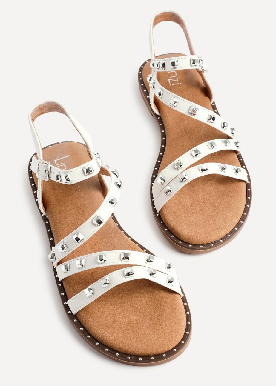 Linzi Destino White Faux Leather Studded Gladiator Style Flat Sandal