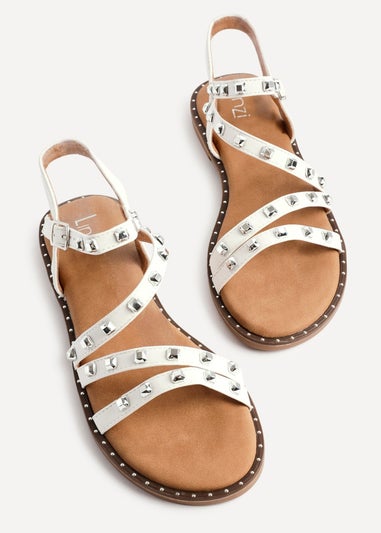 Linzi Destino White Faux Leather Studded Gladiator Style Flat Sandal
