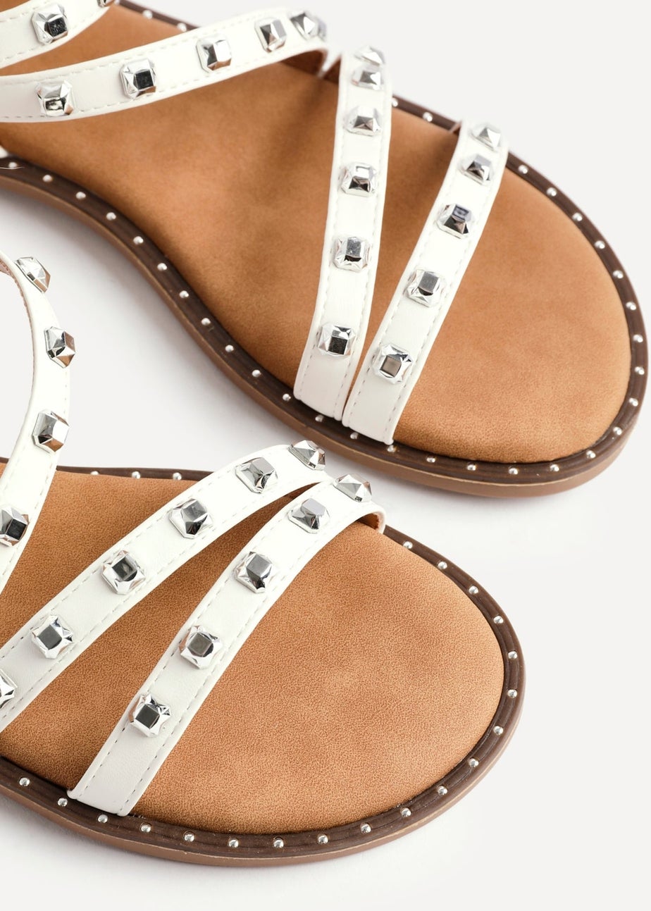 Linzi Destino White Faux Leather Studded Gladiator Style Flat Sandal