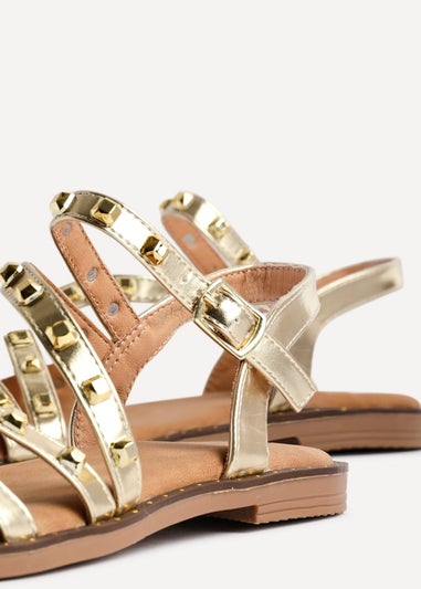 Linzi Destino Gold Faux Leather Studded Gladiator Style Flat Sandal