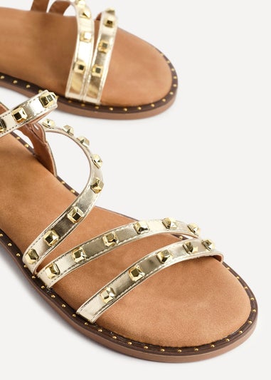 Linzi Destino Gold Faux Leather Studded Gladiator Style Flat Sandal