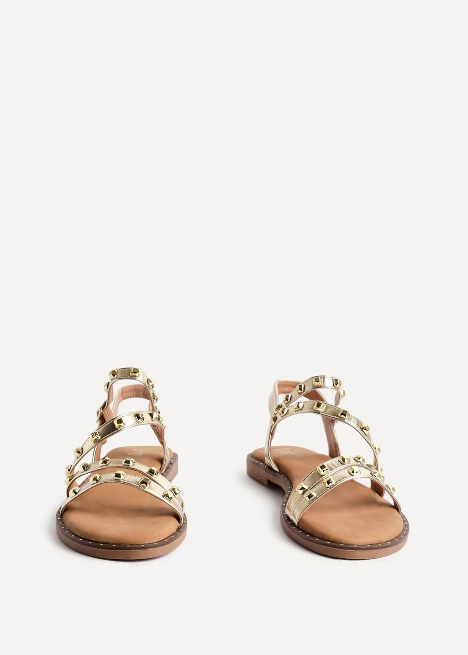 Linzi Destino Gold Faux Leather Studded Gladiator Style Flat Sandal