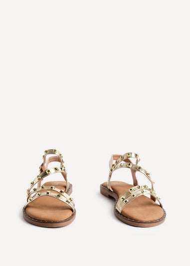 Linzi Destino Gold Faux Leather Studded Gladiator Style Flat Sandal