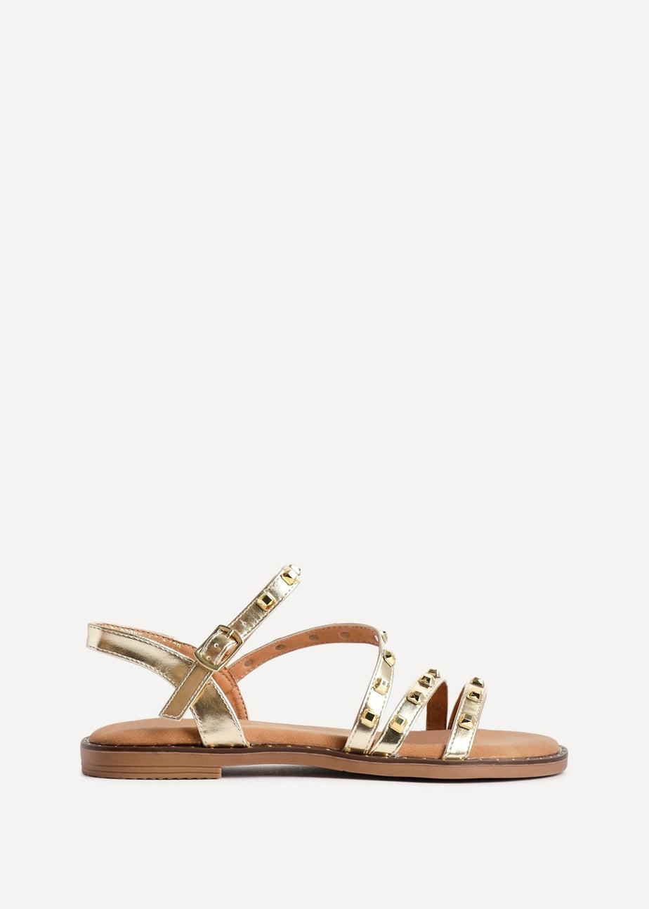 Linzi Destino Gold Faux Leather Studded Gladiator Style Flat Sandal