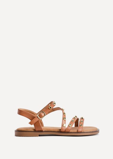 Linzi Destino Tan Faux Leather Studded Gladiator Style Flat Sandal