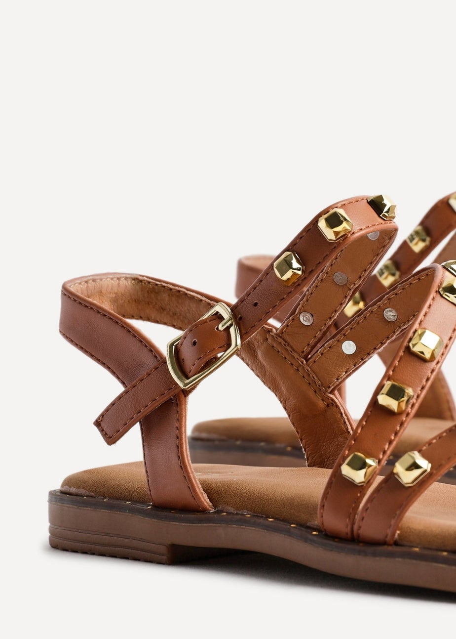 Linzi Destino Tan Faux Leather Studded Gladiator Style Flat Sandal