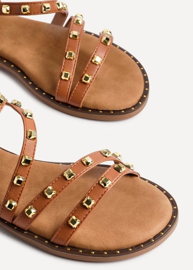 Linzi Destino Tan Faux Leather Studded Gladiator Style Flat Sandal