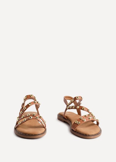 Linzi Destino Tan Faux Leather Studded Gladiator Style Flat Sandal