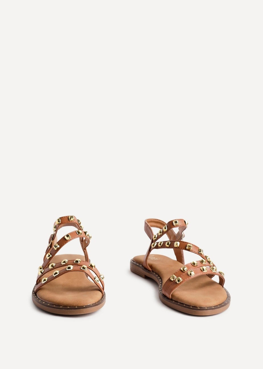 Linzi Destino Tan Faux Leather Studded Gladiator Style Flat Sandal