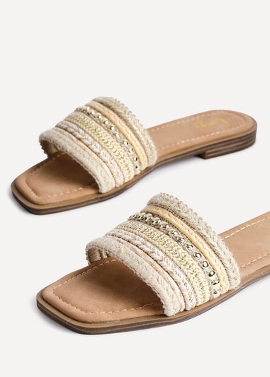 Linzi Mariel Natural Woven Embellished Flat Sandals
