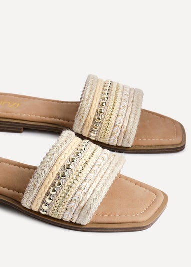 Linzi Mariel Natural Woven Embellished Flat Sandals