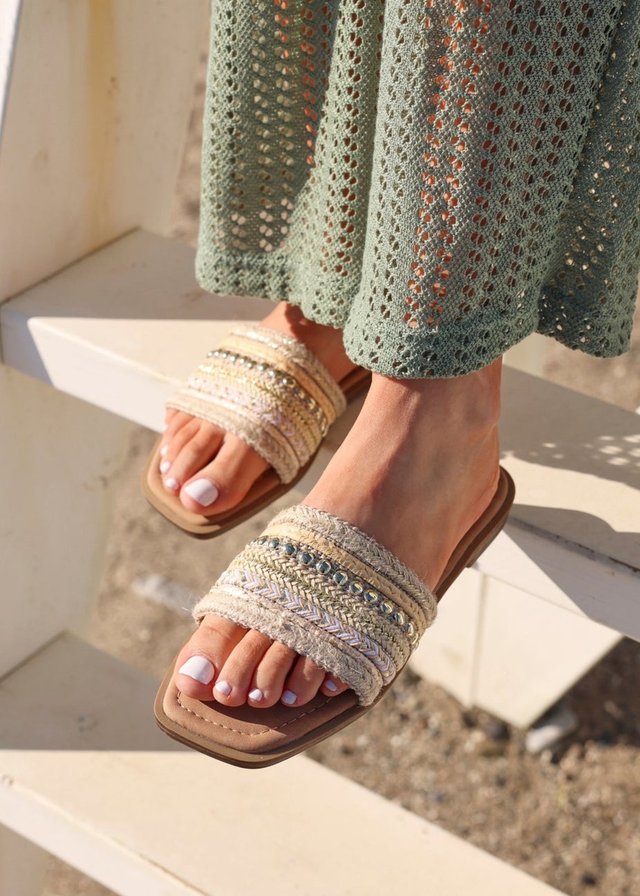 Linzi Mariel Natural Woven Embellished Flat Sandals