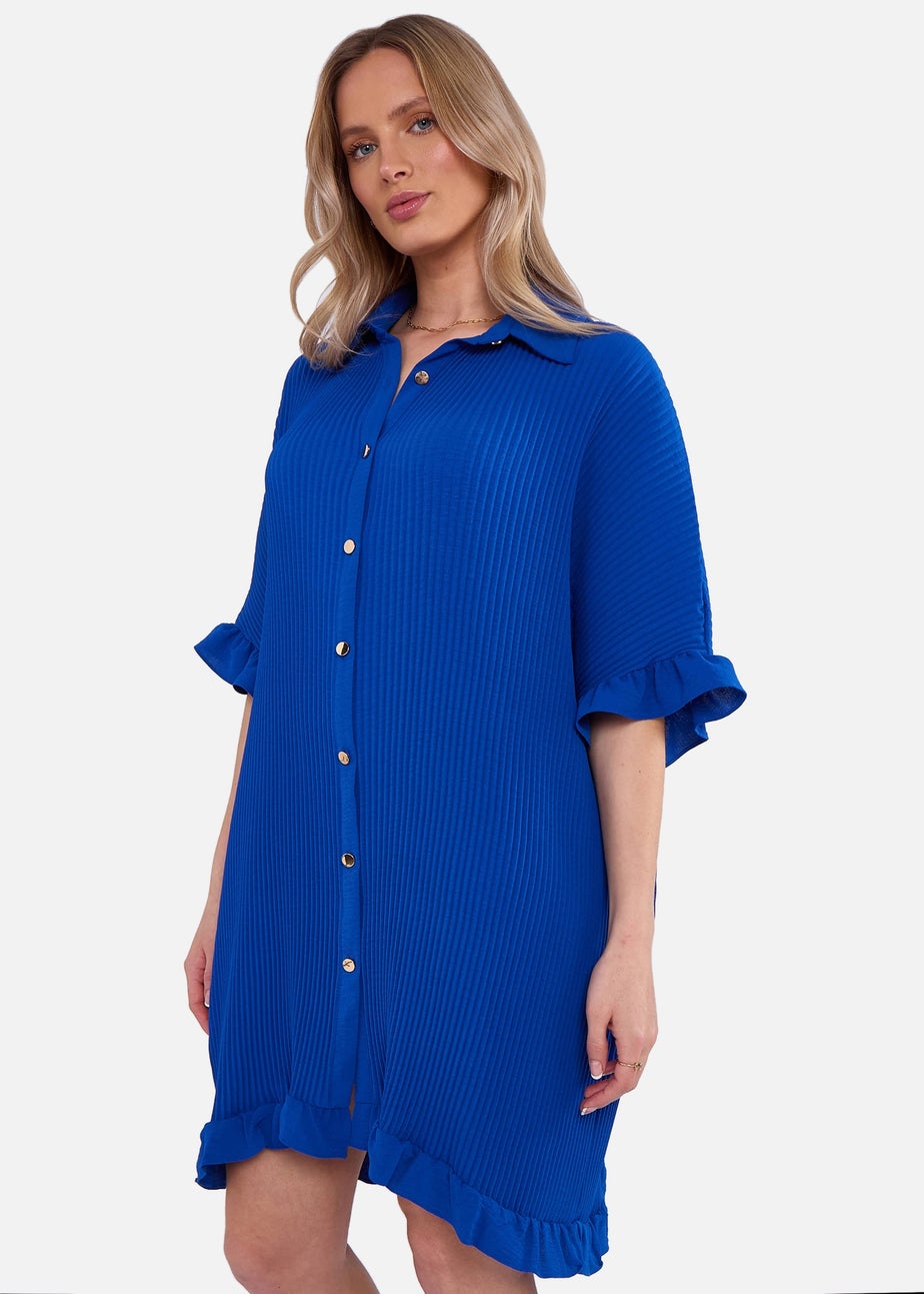 Gini London Blue Plisse Frill Detail Oversized Shirt Dress