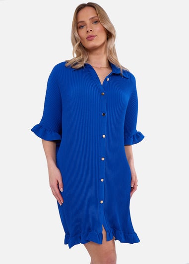 Gini London Blue Plisse Frill Detail Oversized Shirt Dress