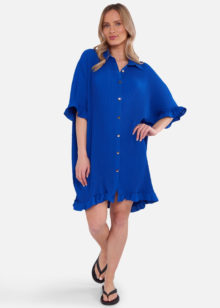 Gini London Blue Plisse Frill Detail Oversized Shirt Dress