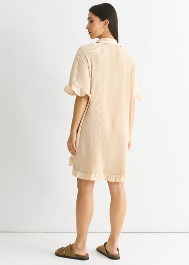 Gini London Beige Plisse Frill Detail Oversized Shirt Dress