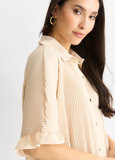 Gini London Beige Plisse Frill Detail Oversized Shirt Dress
