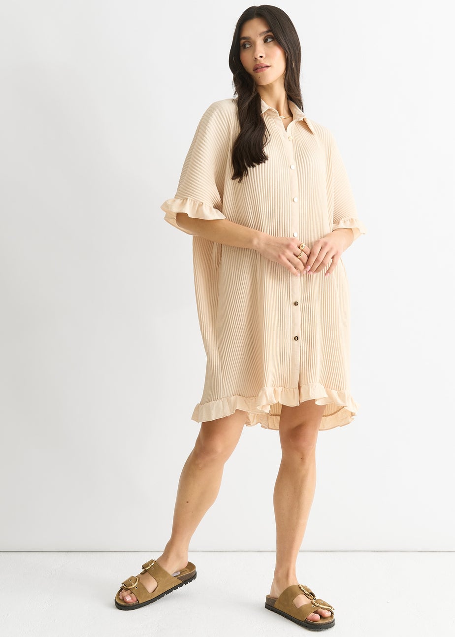 Gini London Beige Plisse Frill Detail Oversized Shirt Dress