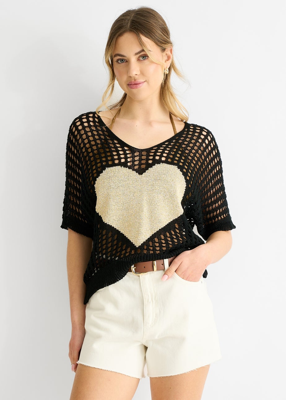 Gini London Black  Fish Net Heart Pattern Crochet Top