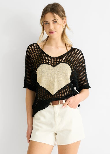 Gini London Black  Fish Net Heart Pattern Crochet Top