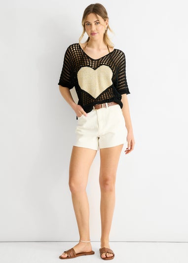 Gini London Black  Fish Net Heart Pattern Crochet Top