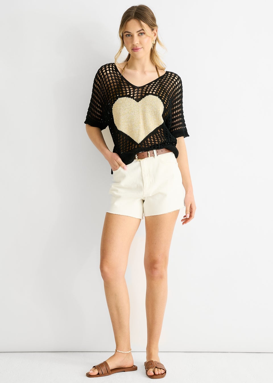 Gini London Black  Fish Net Heart Pattern Crochet Top