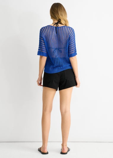 Gini London Blue Fish Net Heart Pattern Crochet Top