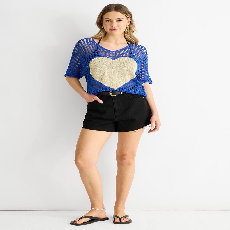 Gini London Blue Fish Net Heart Pattern Crochet Top