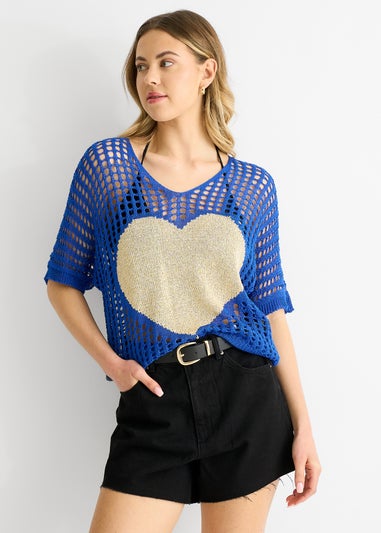 Gini London Blue Fish Net Heart Pattern Crochet Top